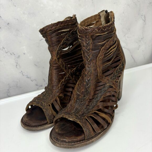 Freebird Booties Heel Bela braided laser cut brown leather Sz 8 Boho Westen - Picture 13 of 16